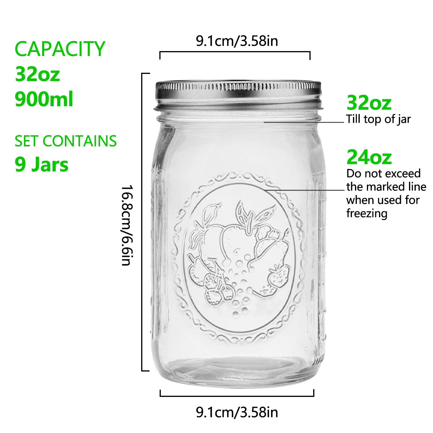 eleganttime Wide Mouth Mason Jars 32 oz,9 Pack Quart Mason Jars With Airtight lids and Bands,Clear Canning Jars 32 oz for Preserving,Meal Prep,Overnight Oats,Fermenting, Pickling