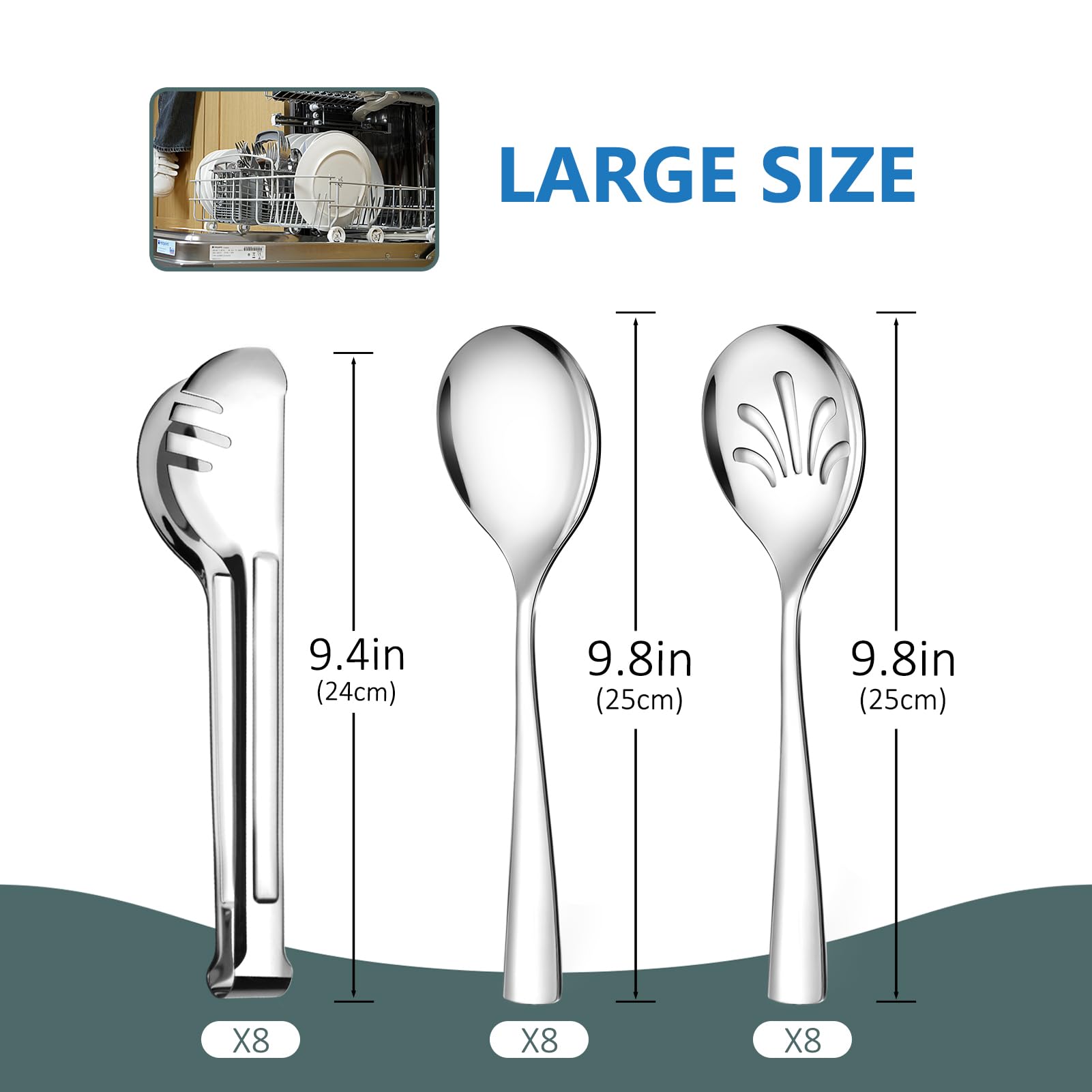 24 Pack Stainless Steel Large Serving Utensils Set - 10" Serving Spoons x 8, 10" Slotted Spoons x 8, and 9" Serving Tongs x 8 by Teivio, for Buffet, Chafing Dish, Catering Supplies (Silver)