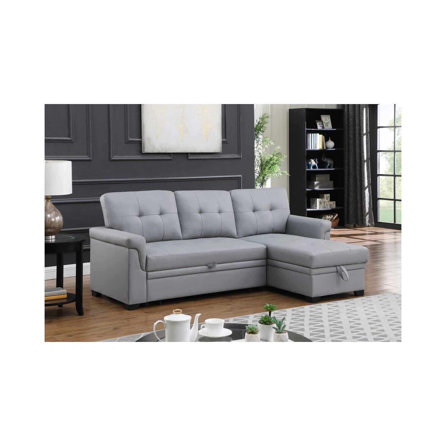 HomeStock Rustic Romance Synthetic Leather Upholstered Modern Sleeper Sectional Sofa with Storage Chaise, L-Shaped Living Room Sectional Couch with Tufting Gray