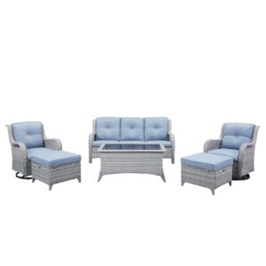 HUMMUH Patio Furniture 6 Pieces Outdoor Furniture Set Wicker Outdoor Sectional Sofa with Swivel Rocking Chairs,Patio Ottomans,Patio Coffee Table(Light Grey/Light Blue)