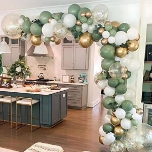 sage green balloons garland arch kit - 128pcs different sizes olive green confetti white and gold latex balloons for jungle safari baby shower wedding bridal shower birthday party decoration