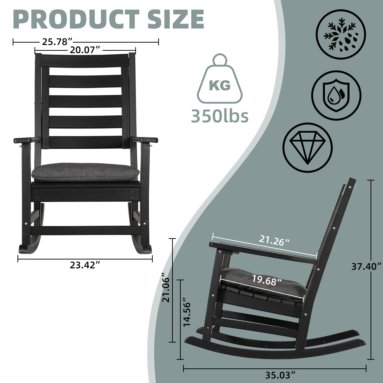 HOPUBUY Patio Rocking Chair Outdoor with Cushion, HDPE Patio Rocking Chair, All Weather Resistant Rocker Chair for Porch Garden Yard Living Room,Black