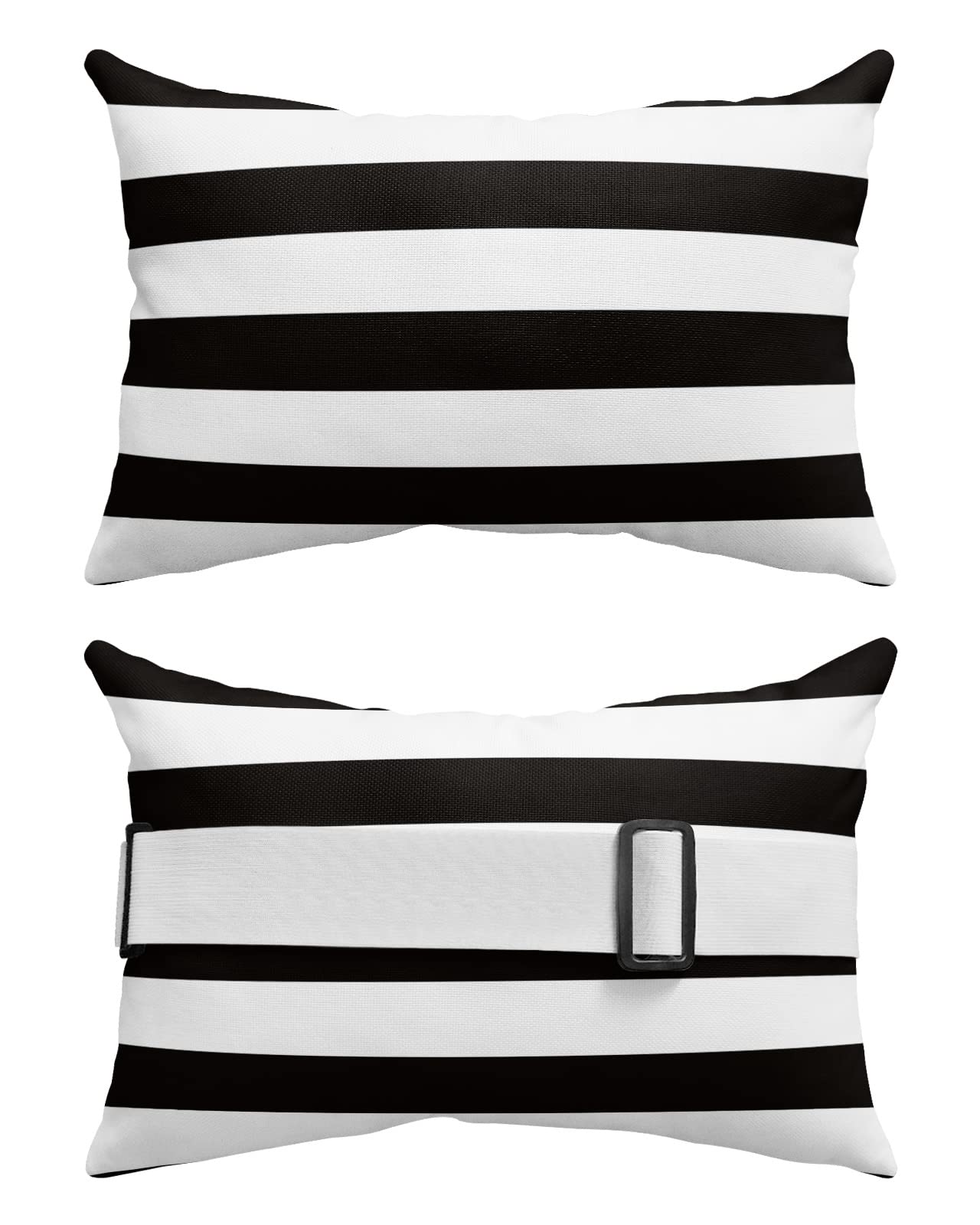 Outdoor Pillow for Chaise Lounge Chair, Simple Stripe Black and White Waterproof Headrest Pillow Lumbar Pillows with Insert & Adjustable Elastic Strap for Beach, Poolside, Patio, Office (1 Pack)