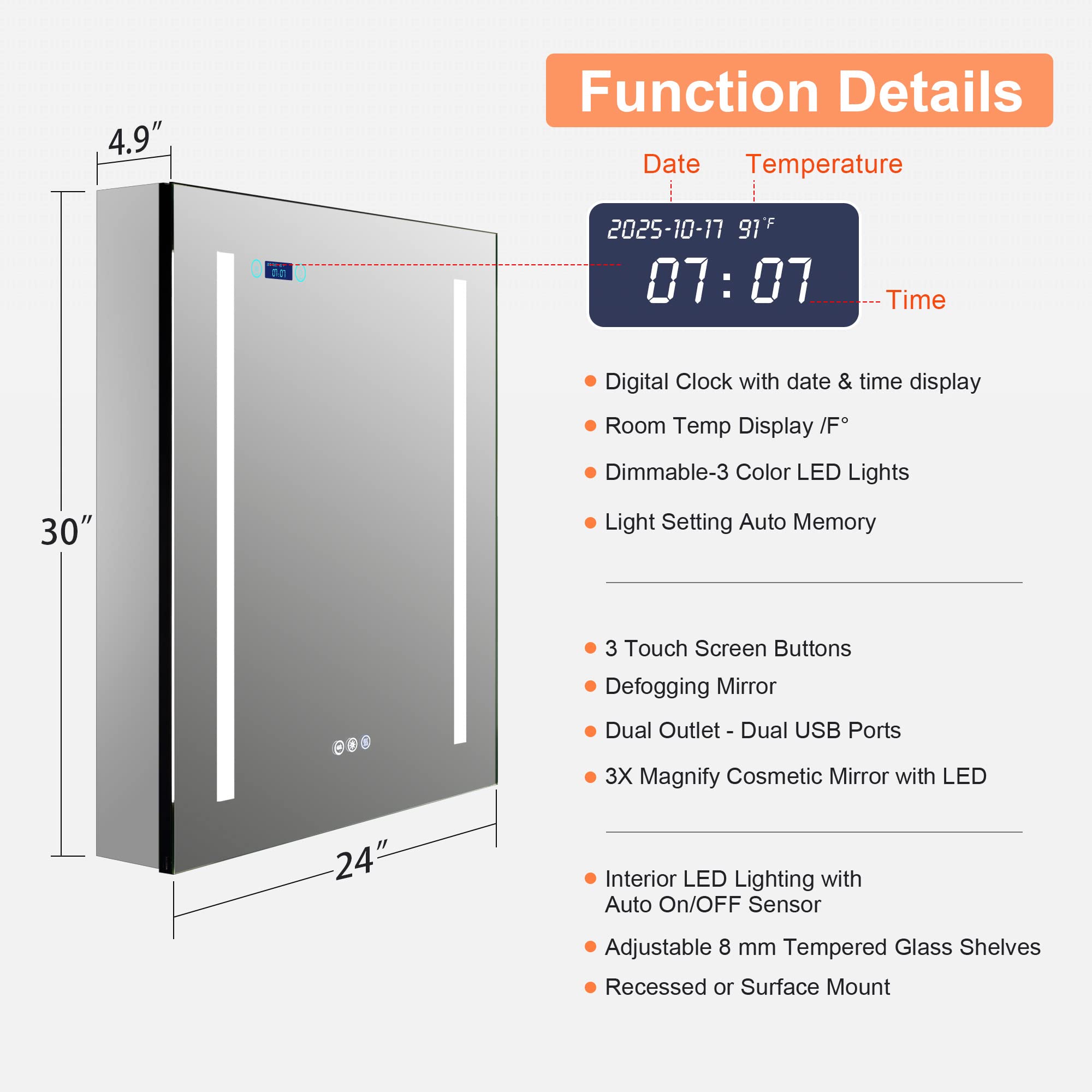 VANIRROR LED Mirror Medicine Cabinet with Lights,24x30 Lighted Bathroom Cabinet with Mirror,Recessed or Surface,Clock Room Temp Display,Defog,3X Zoom Mirror,Outlets & USB