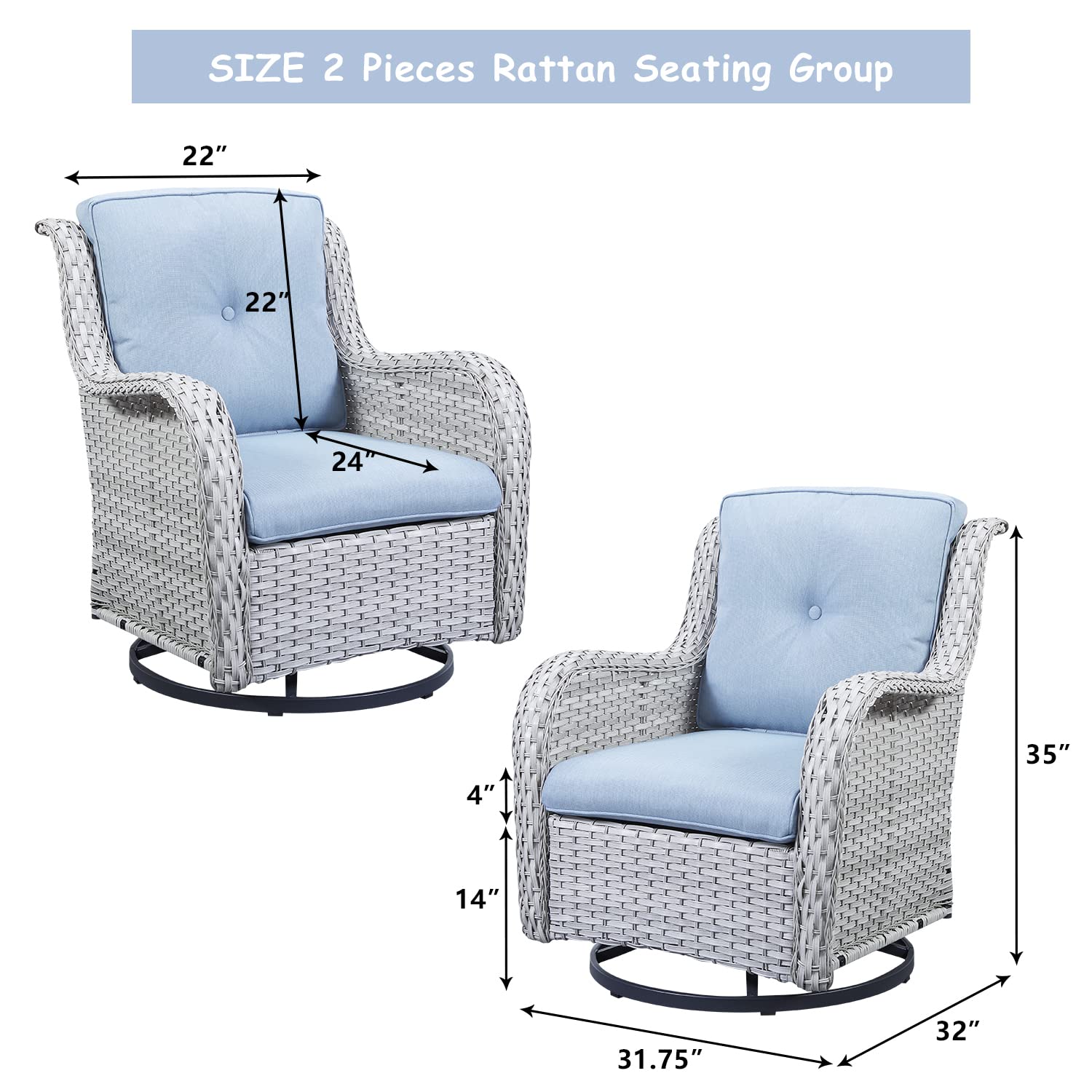 HUMMUH Outdoor Swivel Rocker Wicker Patio Chairs Set of 2, Rattan Rocking Chair Furniture Set(Light Grey,Light Blue)