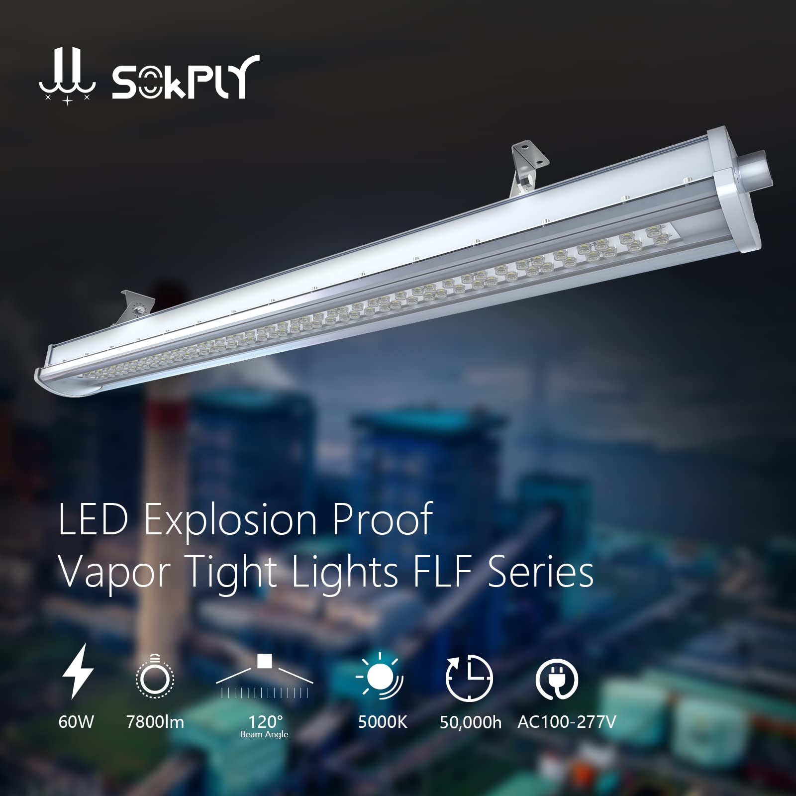 Sokply LED Explosion Proof Light UL844 Certified 60W 7800Lm (300W HPS Eqv.), 4FT Class I Division II Hazardous Locations Industry Luminaires with 120° Beam Angle Dimmable IP66 Waterproof, FLF4 Series