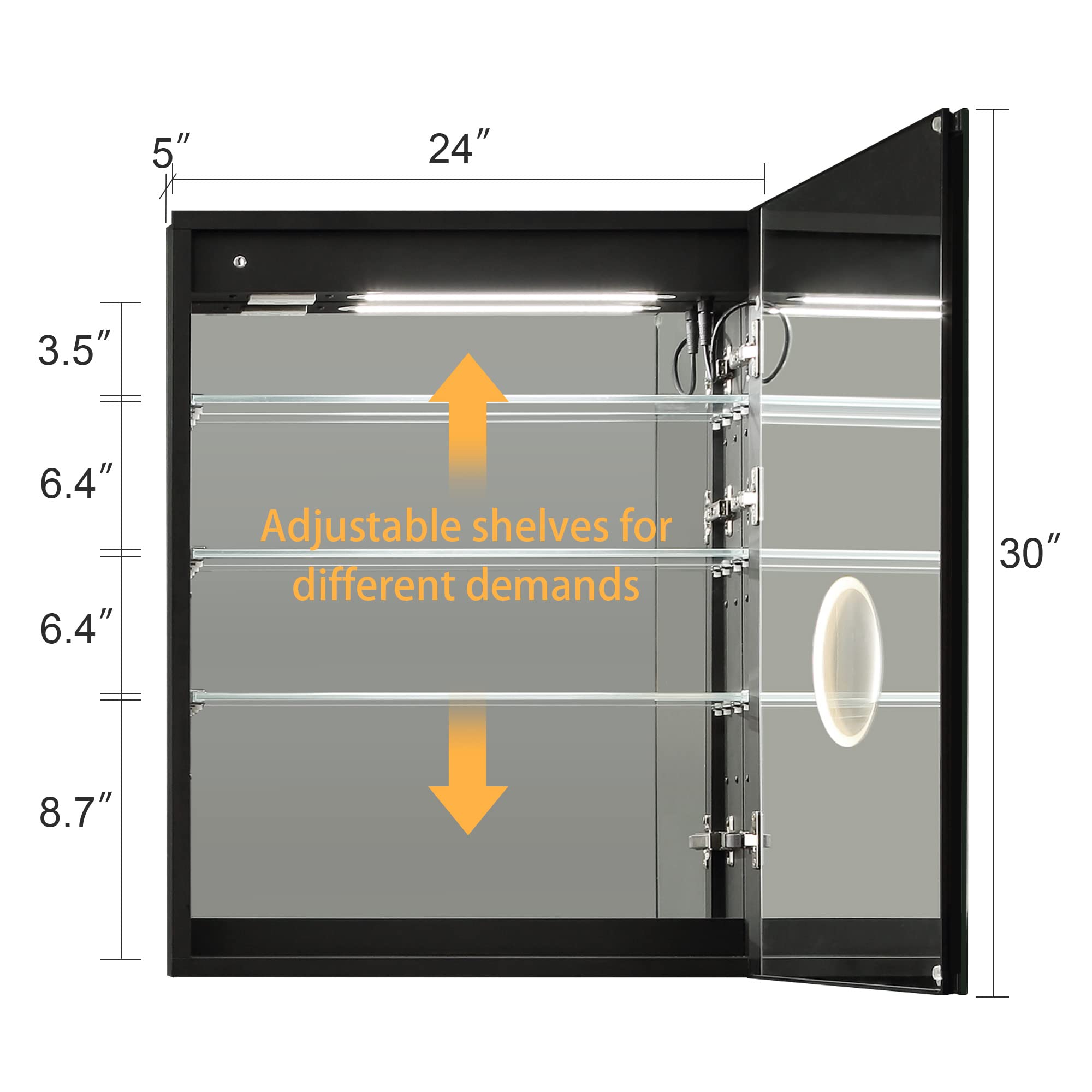 VANIRROR LED Mirror Medicine Cabinet with Lights,24x30 Lighted Bathroom Cabinet with Mirror,Recessed or Surface,Clock Room Temp Display,Defog,3X Zoom Mirror,Outlets & USB