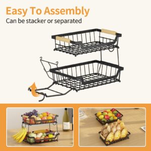 GILLAS 2 Tier Countertop Fruit Basket with 2 Banana Hangers for Kitchen, Detachable Metal Organizer for Bread Vegetable Fruits with Wooden Handle, Large Capacity Rectangular Storage Stand Bowls, Black