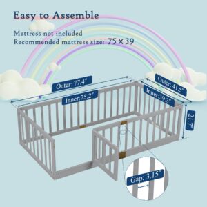 Tatub Montessori Twin Floor Bed with Safety Guardrails, Door Installs Left or Right - Grey Wood Frame