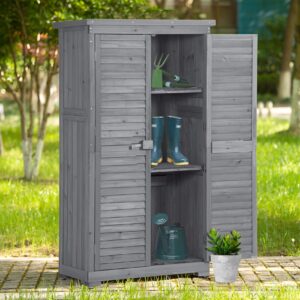 Outdoor Wooden Storage Shed with Floor, Wood Storage Cabinet Waterproof, Garden Tool Shed with 3-Tier Shelves, Outside Vertical Shed with Shutter Design, Fir Wood, Latch Lock (Gray)