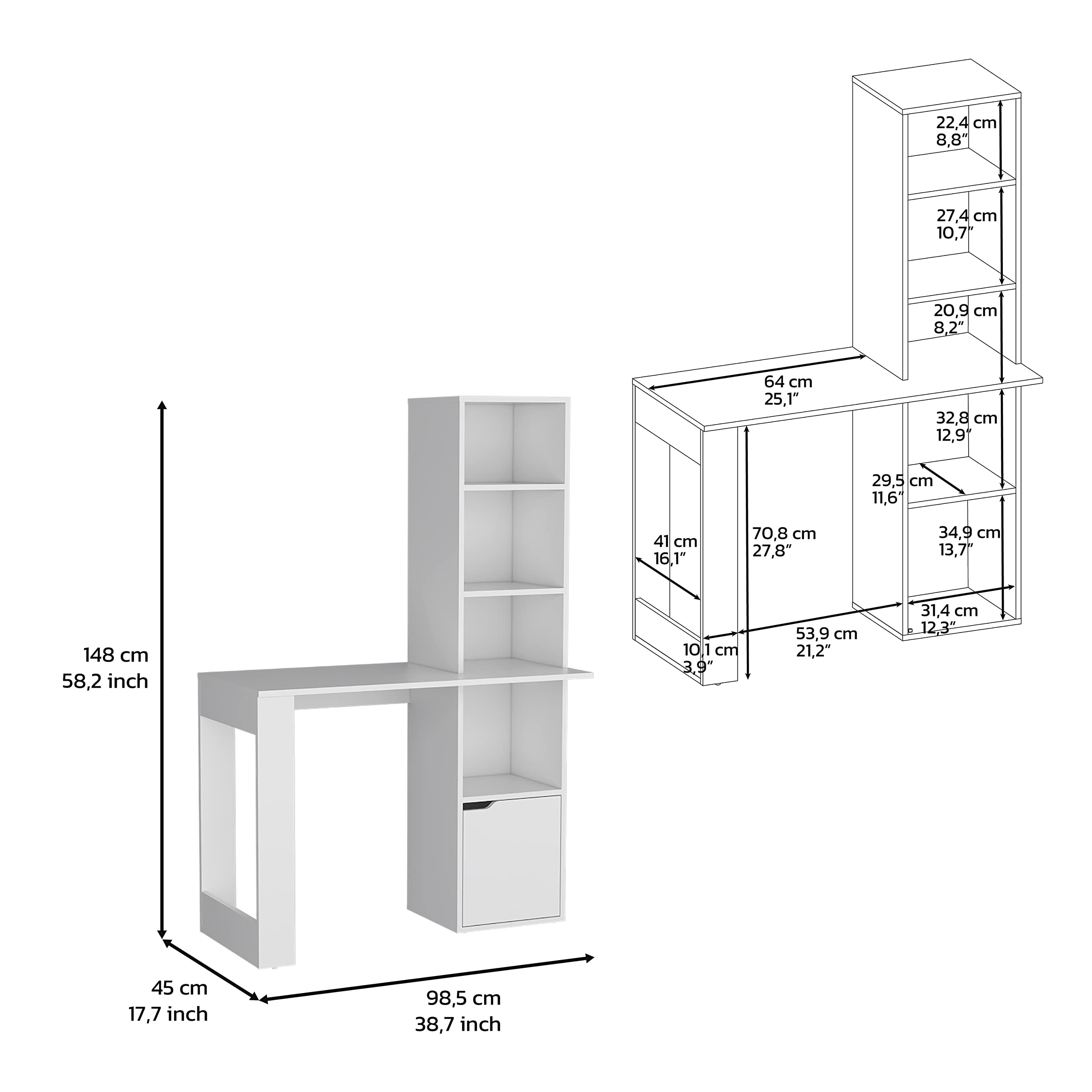 Depot E-Shop Ripley Writing personal Desk with Bookcase and Cabinet, White