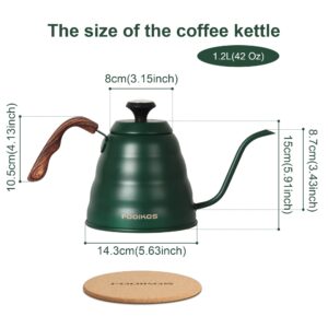 Fooikos Pour Over Coffee Kettle with Thermometer for Coffee and Tea, 42 fl oz - Premium Stainless Steel Gooseneck Kettle -Base on all Stovetops and Any Heat Source (Green)