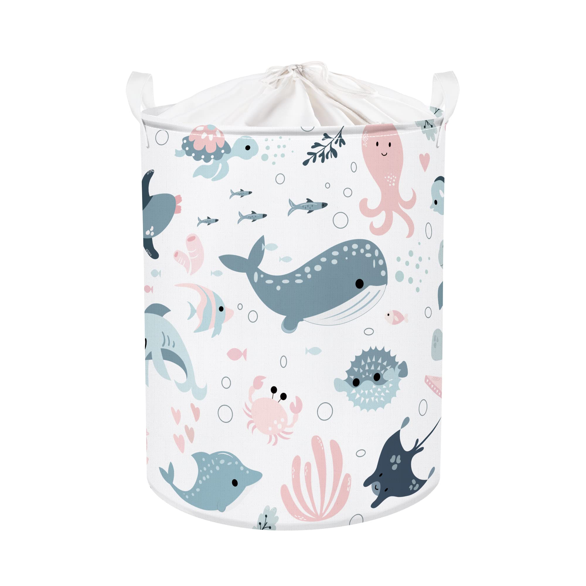 Clastyle 45L Marine Animals Bubbles Kid Laundry Basket with Lid Foldable Sea Shark Mermaid Dirty Clothes Hamper Round Toy Clothes Pool Beach Towel Basket