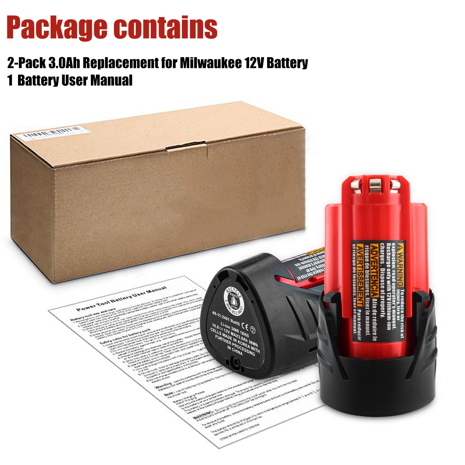 Fhybat 2 Packs 3.0Ah 12 Volt 48-11-2420 Battery Replacment for Milwaukee 12V Battery Lithium 48-11-2401 48-11-2402 48-11-2420 48-11-2440 48-11-2460(Red)