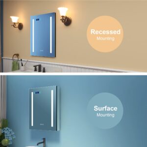 VANIRROR LED Mirror Medicine Cabinet with Lights,24x30 Lighted Bathroom Cabinet with Mirror,Recessed or Surface,Clock Room Temp Display,Defog,3X Zoom Mirror,Outlets & USB