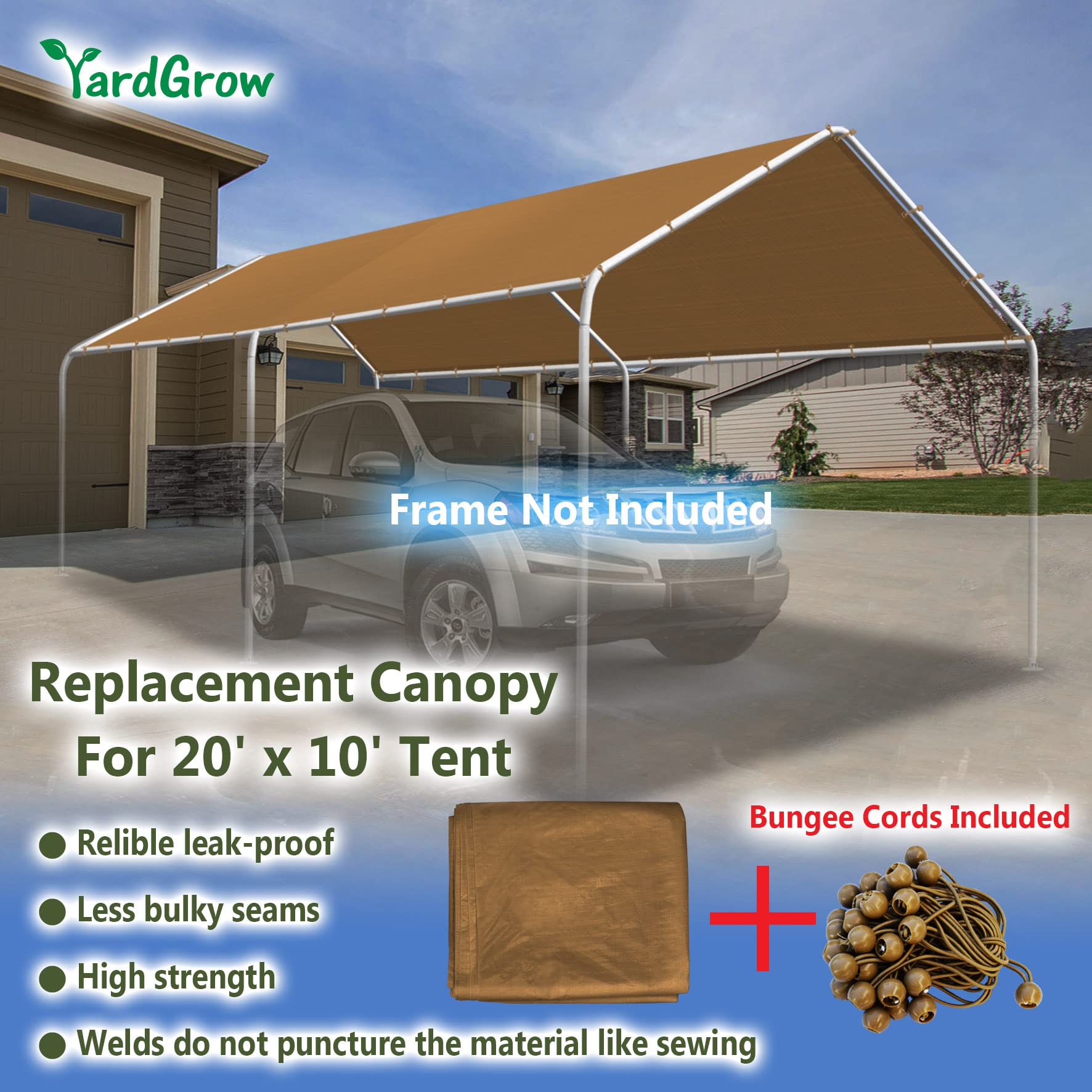 YardGrow 10'x20' Carport Replacement Canopy Cover for Tent Car Shelter Top Tarp Cover w/Bungees, Carport Canopy Top Replacement Cover ONLY (Tan)