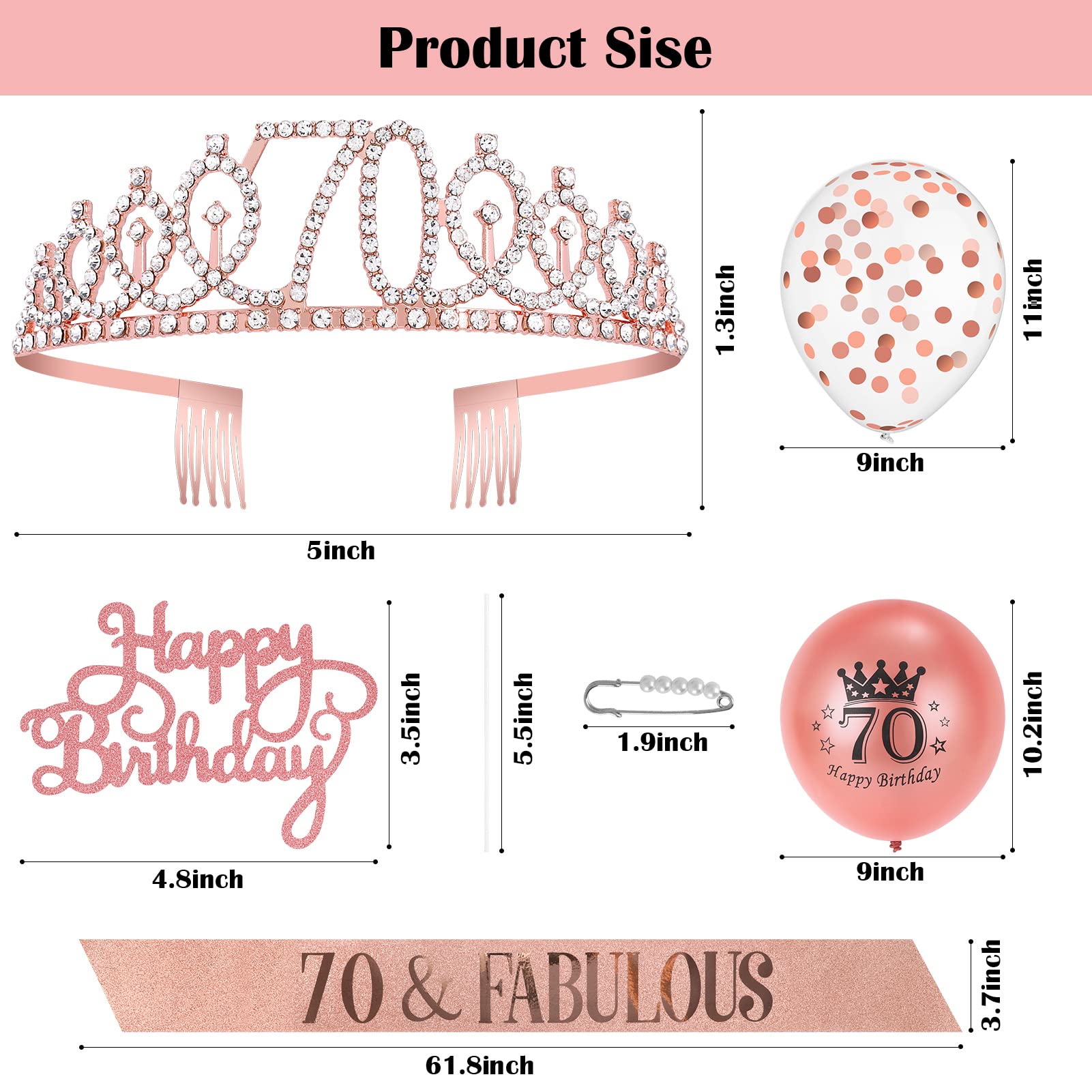 Konasala 70th Birthday Decorations for Women, Including Birthday Sash, Tiara/Crown, Cake Topper, Pearl Pin and Birthday Balloons Set, 70th Birthday Gifts for Women Rose Gold