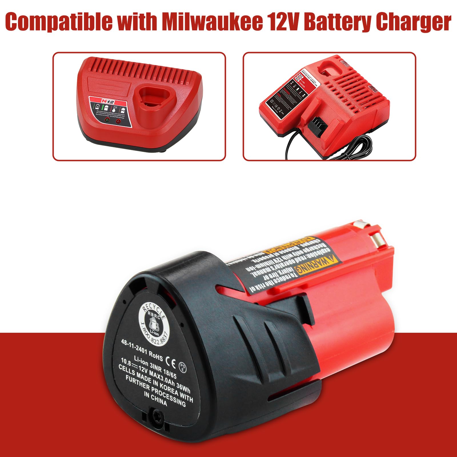 Fhybat 2 Packs 3.0Ah 12 Volt 48-11-2420 Battery Replacment for Milwaukee 12V Battery Lithium 48-11-2401 48-11-2402 48-11-2420 48-11-2440 48-11-2460(Red)