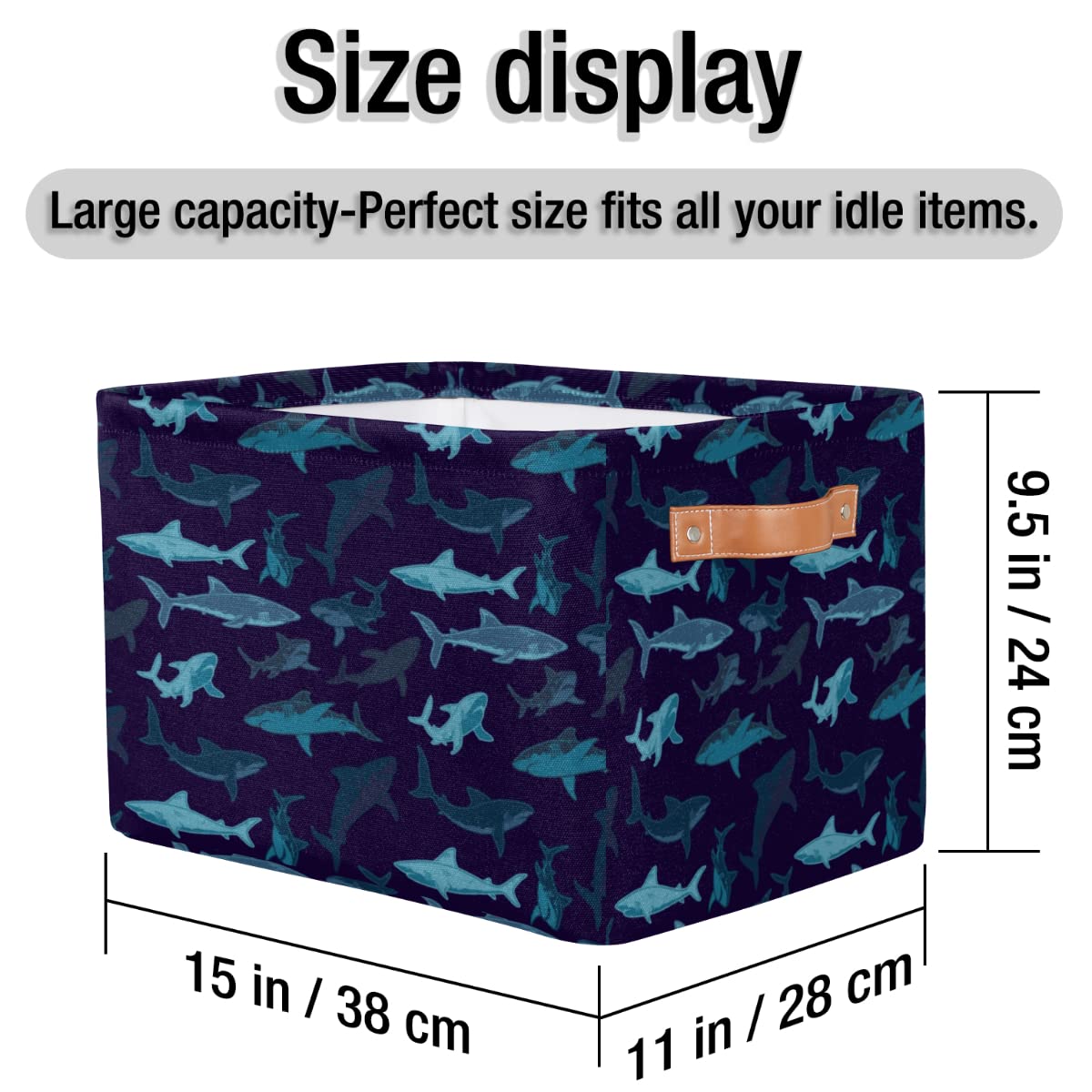 YoCosy Large Storage Baskets for Organizing Shelves Navy Ocean Shark Print Foldable Cube Storage Bins with Handles Rectangle Fabric Closet Organizers for Home Toys Clothes, 2 Pack