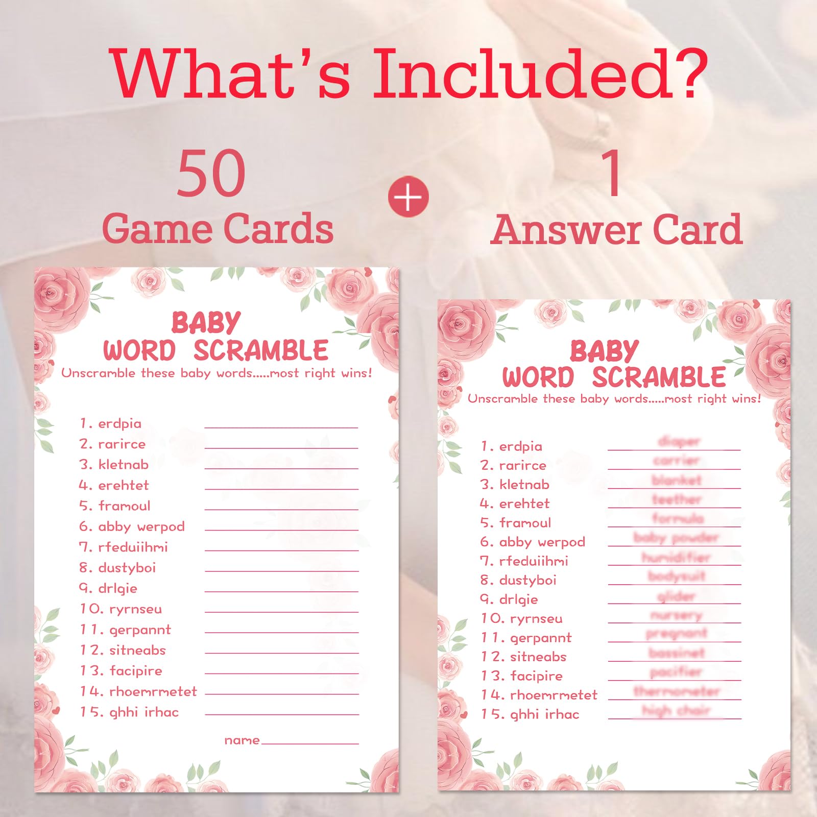 OLOUTAB 50 Baby Shower Games for Girl-Baby Shower Word Scramble Game,Floral Theme, Thick Cardstock, Fun and Easy to Play,Hilarious Baby Shower Games(with Answer)