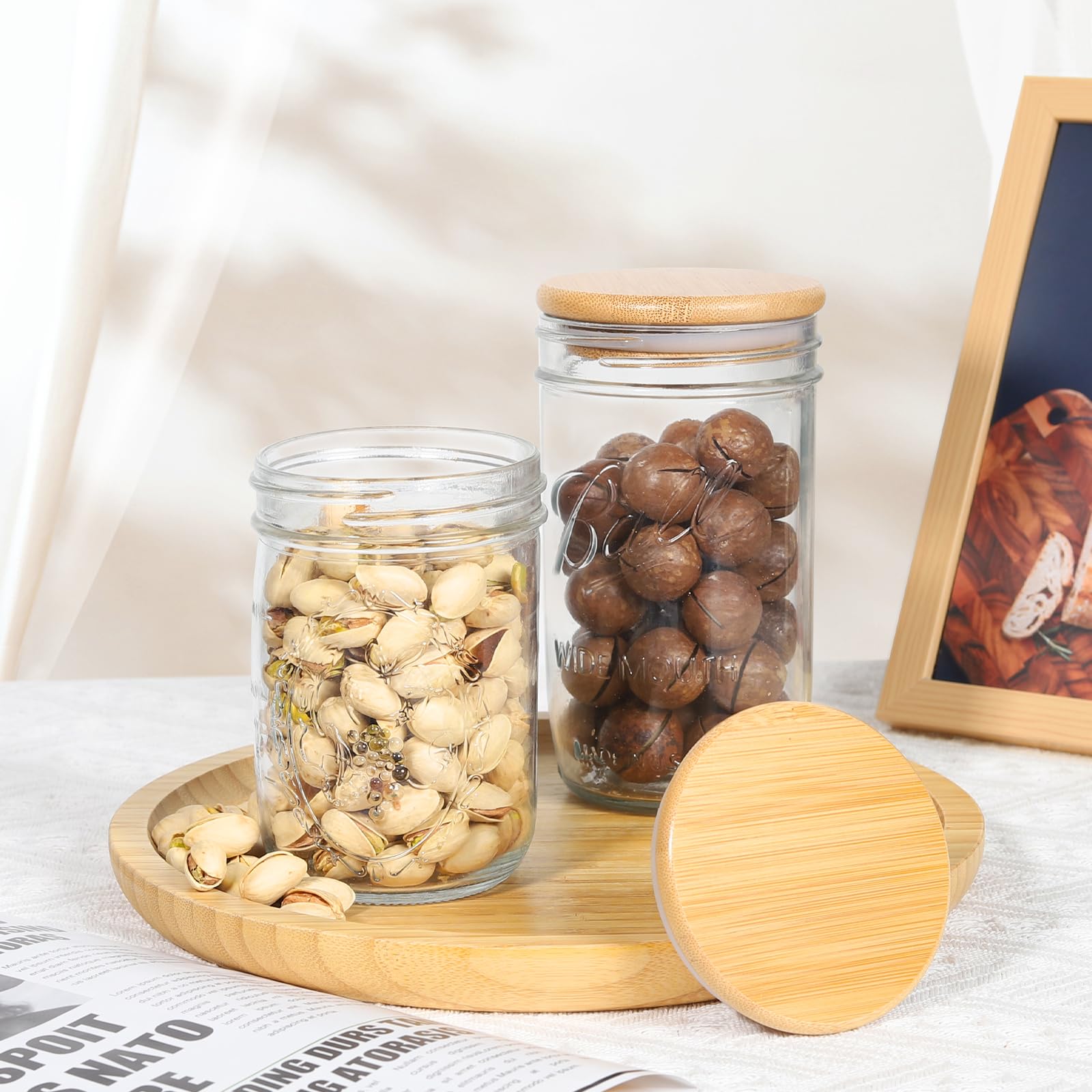 Bamboo Mason Jar Lids, Wooden Ball Jar Lids with Airtight Silicone Seal, Perfect for Dry food Storage. (6PCS-Wide)