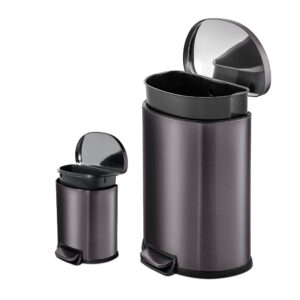 QUALIAZERO 50L/13Gal & 6L 1.6Gal, Heavy Duty Hands-Free Black Stainless Steel Commercial/Kitchen Step Trash Can, Fingerprint-Resistant Soft Close Lid Trashcan, D Shape (50&6L D Combo BSS)