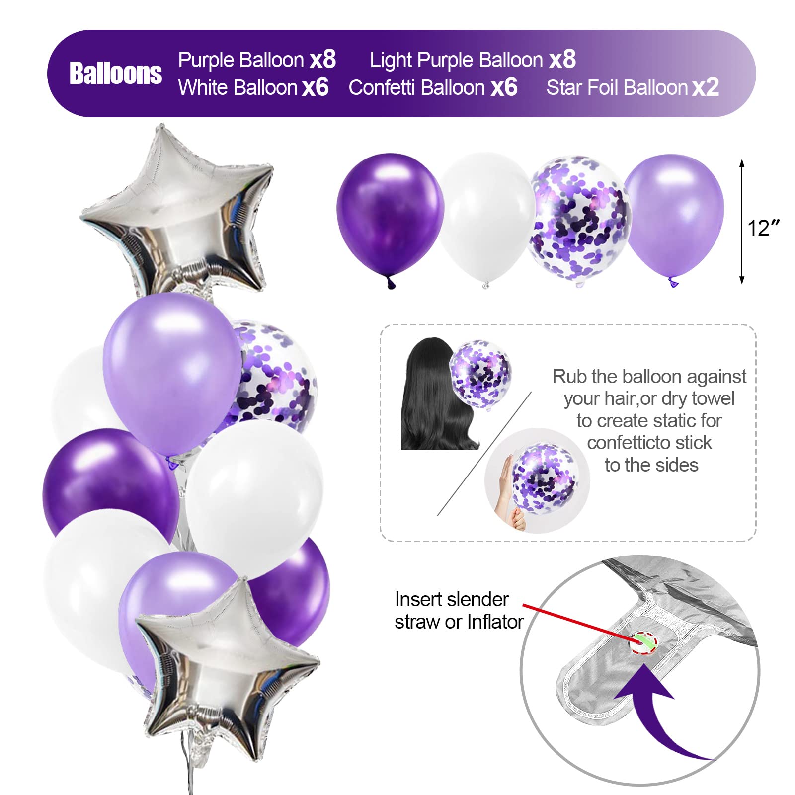 Lasocy Purple Birthday Decorations for Women Girls Butterfly Hanging Garland Purple and White Silver Lavender Party Decorations Set with Happy Birthday Banner Purple Foil Background Pompom Flower