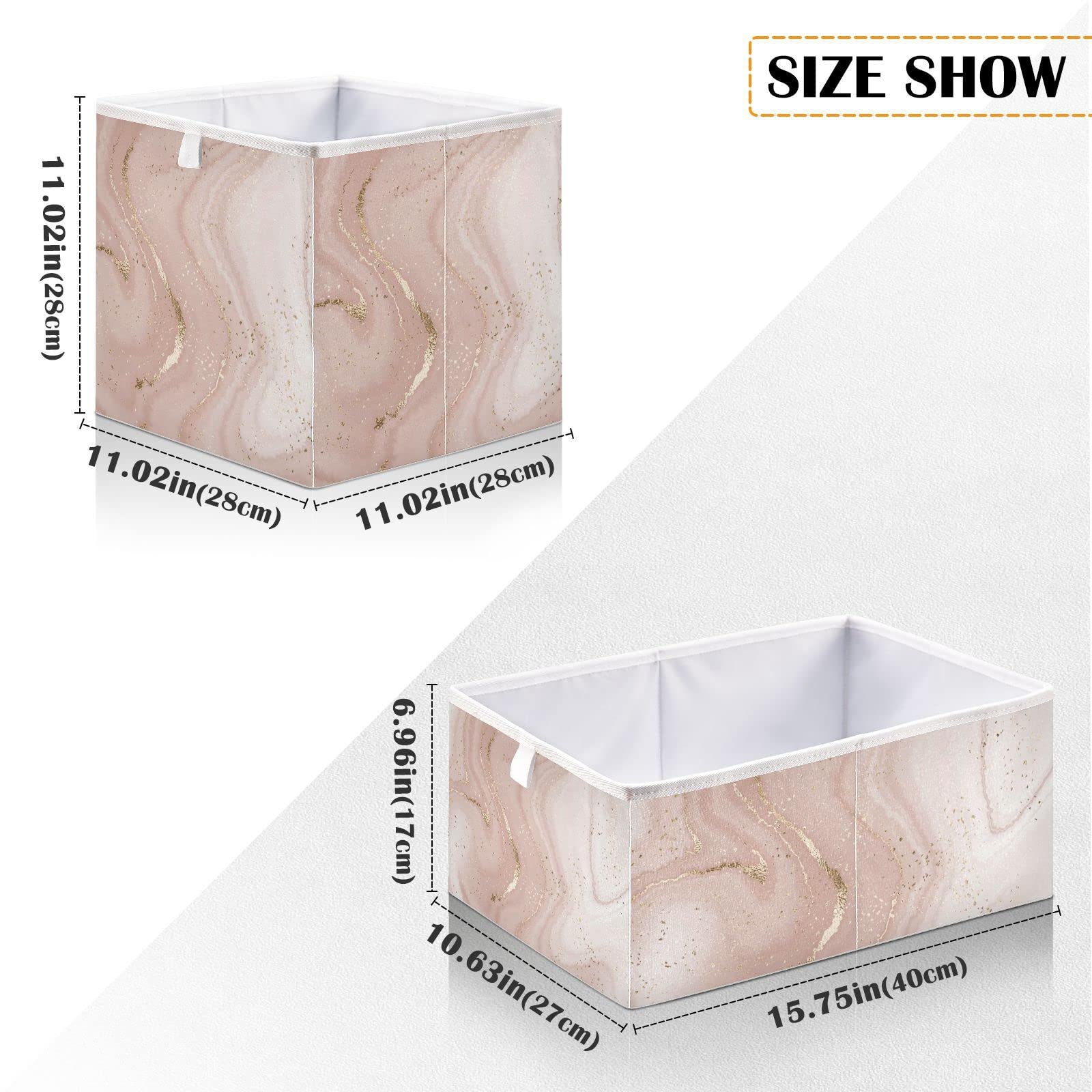 Pink Marble Golden Texture Storage Bins Cubes Storage Baskets Fabric Foldable Collapsible Decorative Storage Bag with Handles for Shelf Closet Bedroom Home Gift 11" x 11" x 11"