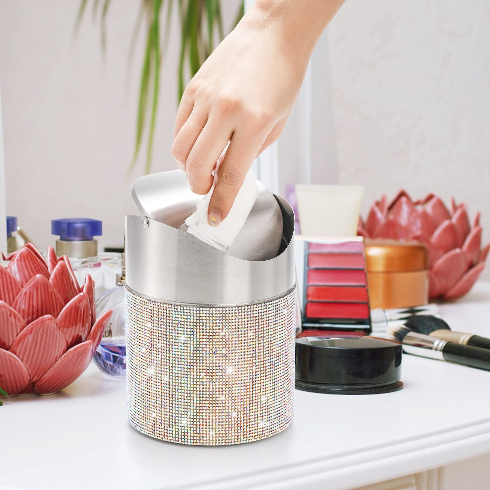 ZOOFOX Countertop Trash Can, 1.5 Liter Bling Rhinestone Garbage Bin with Swing Lid for Home, Office, Vanity Tabletop, Bedroom, Bathroom