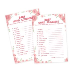 oloutab 50 baby shower games for girl-baby shower word scramble game,floral theme, thick cardstock, fun and easy to play,hilarious baby shower games(with answer)