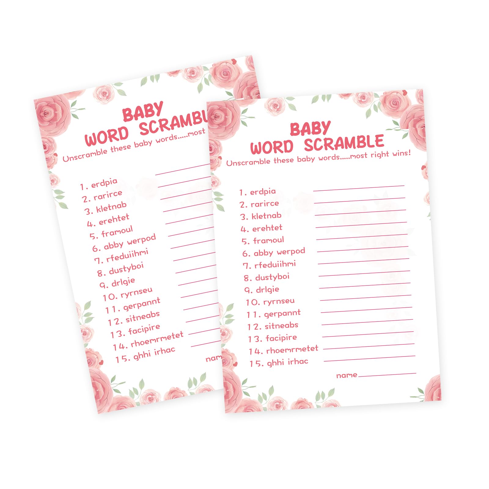 OLOUTAB 50 Baby Shower Games for Girl-Baby Shower Word Scramble Game,Floral Theme, Thick Cardstock, Fun and Easy to Play,Hilarious Baby Shower Games(with Answer)