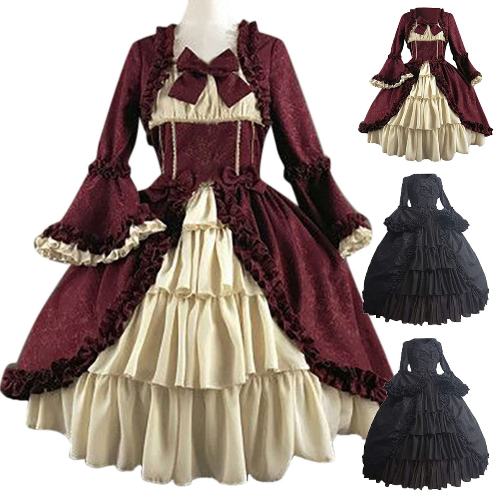 Reminisce Women - Gothic Lolita Dresses for Women Cute Vintage Princess Dress Irregular Bow Patchwork Dress Medieval Renaissance Dress, Katara Costume Black