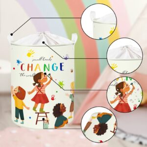 Clastyle 45L Small Hands Change The World Kid Laundry Basket Colorful Inspirational Quote Rainbow Nursery Hamper with Drawstring Round Toy Clothes Storage Basket for Back to School