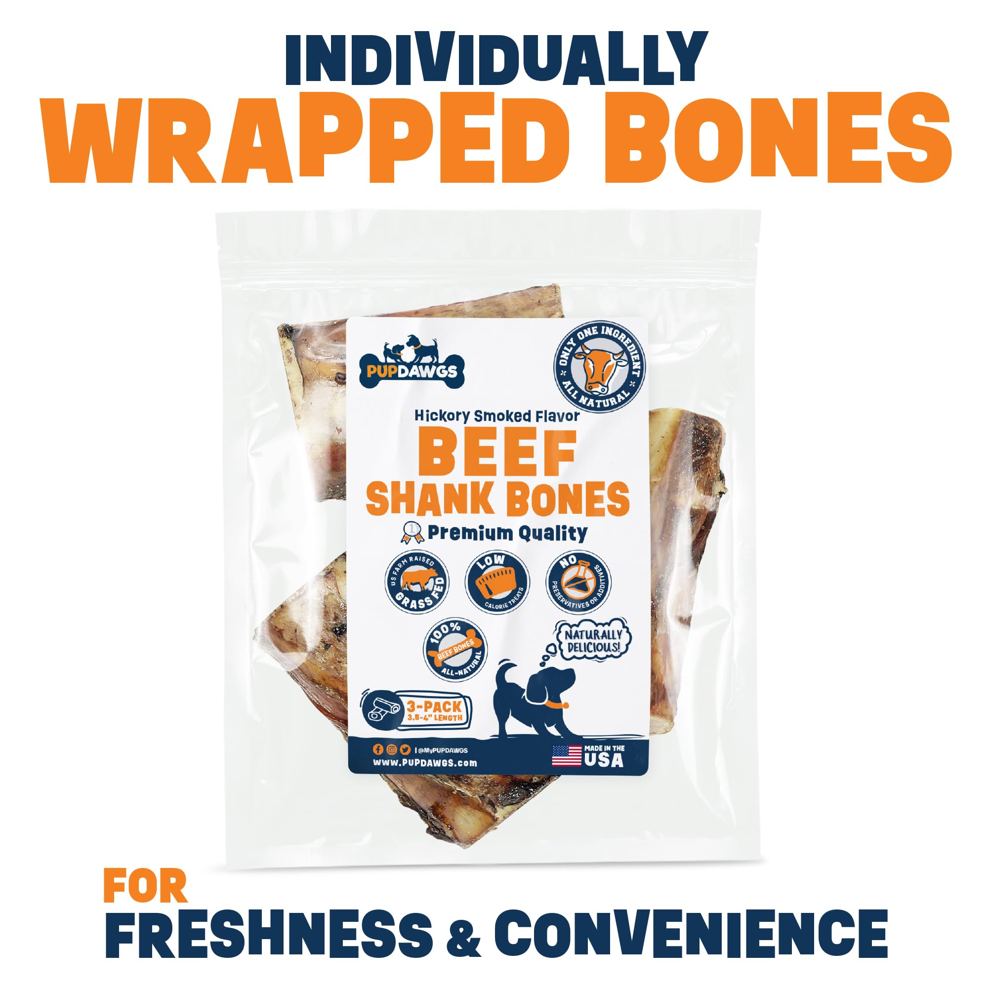 PUPDAWGS Single Ingredient Dog Bones - Made in USA - Beef Shank Bones - (3 Piece Pack)