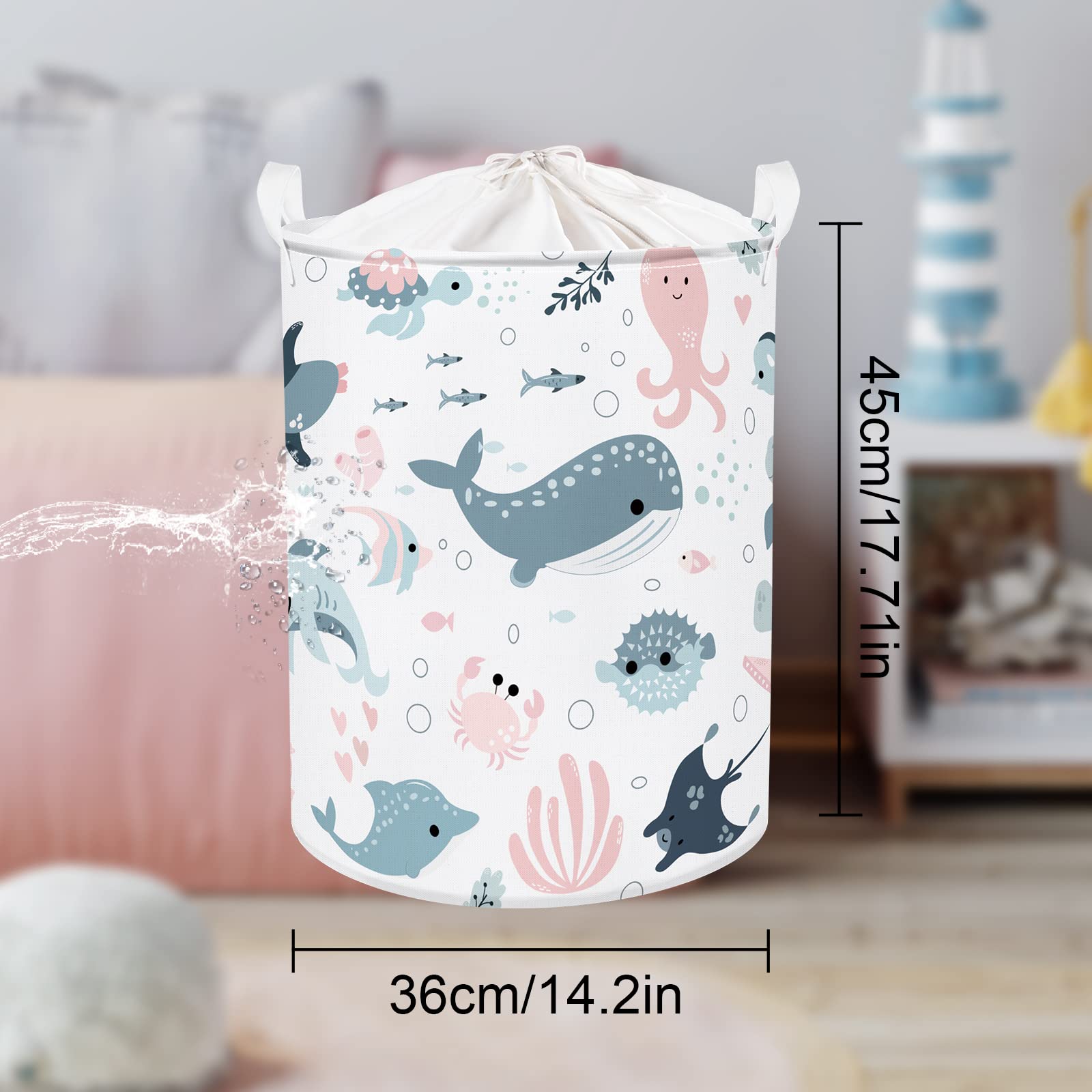 Clastyle 45L Marine Animals Bubbles Kid Laundry Basket with Lid Foldable Sea Shark Mermaid Dirty Clothes Hamper Round Toy Clothes Pool Beach Towel Basket