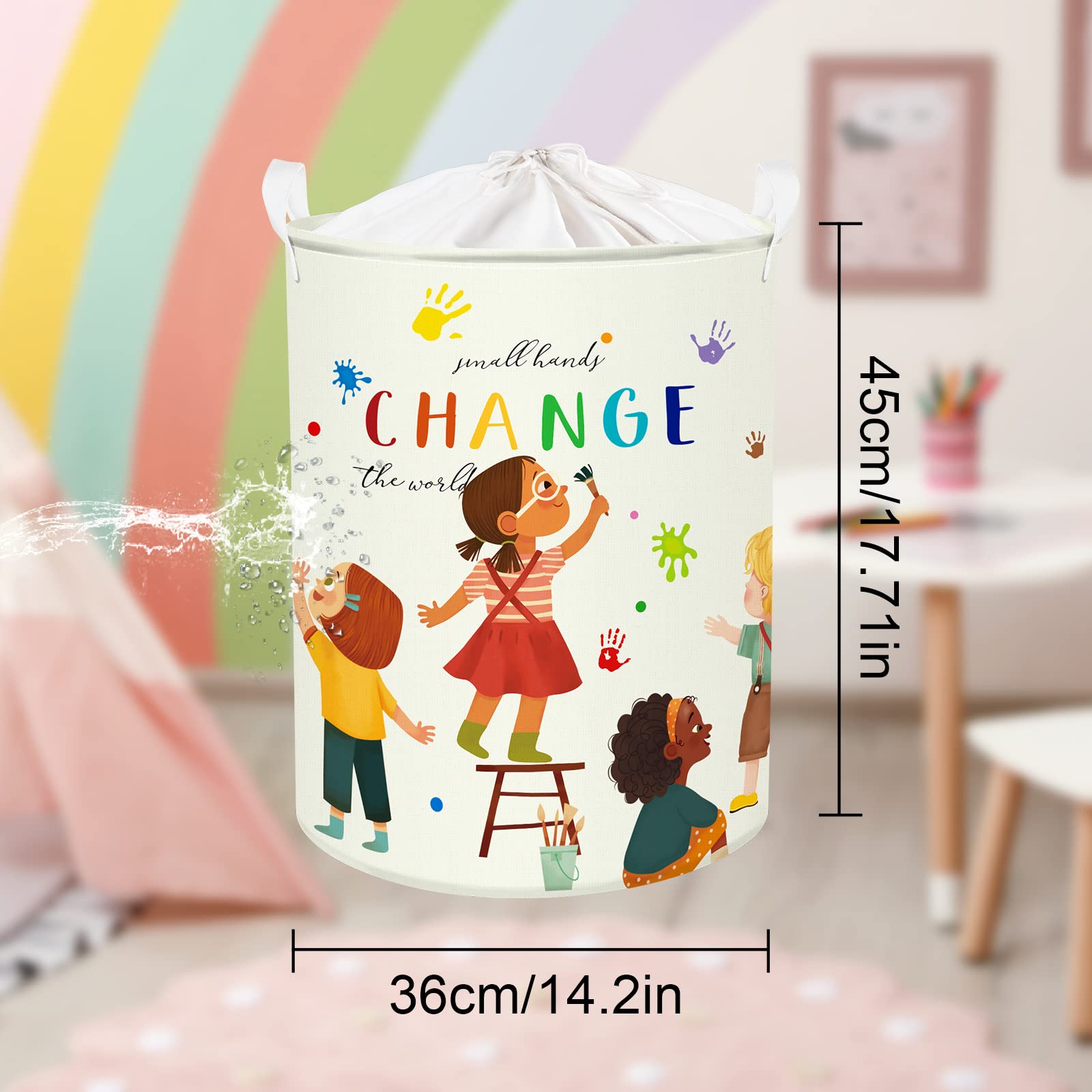 Clastyle 45L Small Hands Change The World Kid Laundry Basket Colorful Inspirational Quote Rainbow Nursery Hamper with Drawstring Round Toy Clothes Storage Basket for Back to School