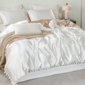 Herside Satin Duvet Cover Twin Size White Silk Like Satin Bedding Set Reversible White Light Khaki Pom Pom Fringed Silky Duvet Cover Boho Home Decor(White-Light Khaki, Twin)