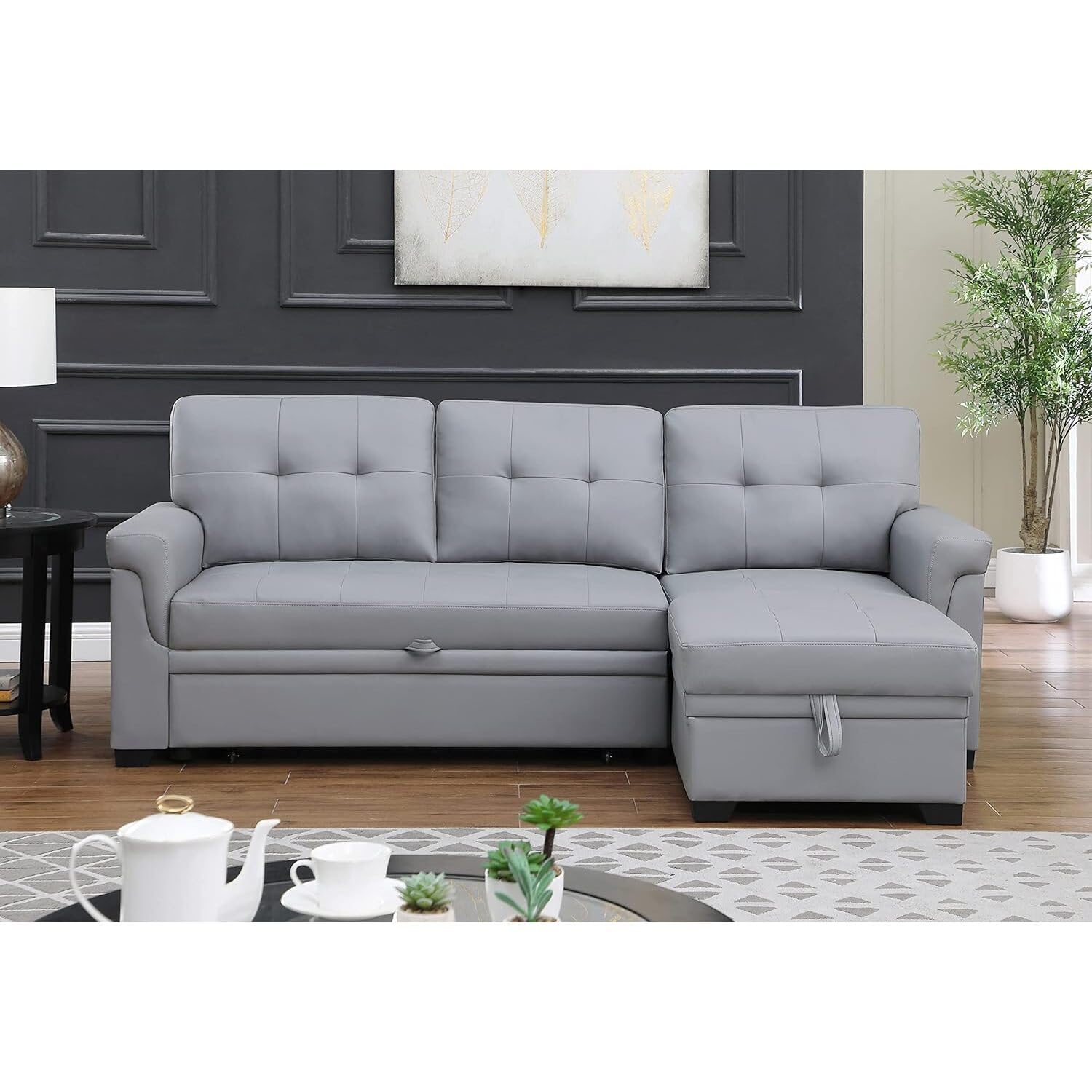 HomeStock Rustic Romance Synthetic Leather Upholstered Modern Sleeper Sectional Sofa with Storage Chaise, L-Shaped Living Room Sectional Couch with Tufting Gray