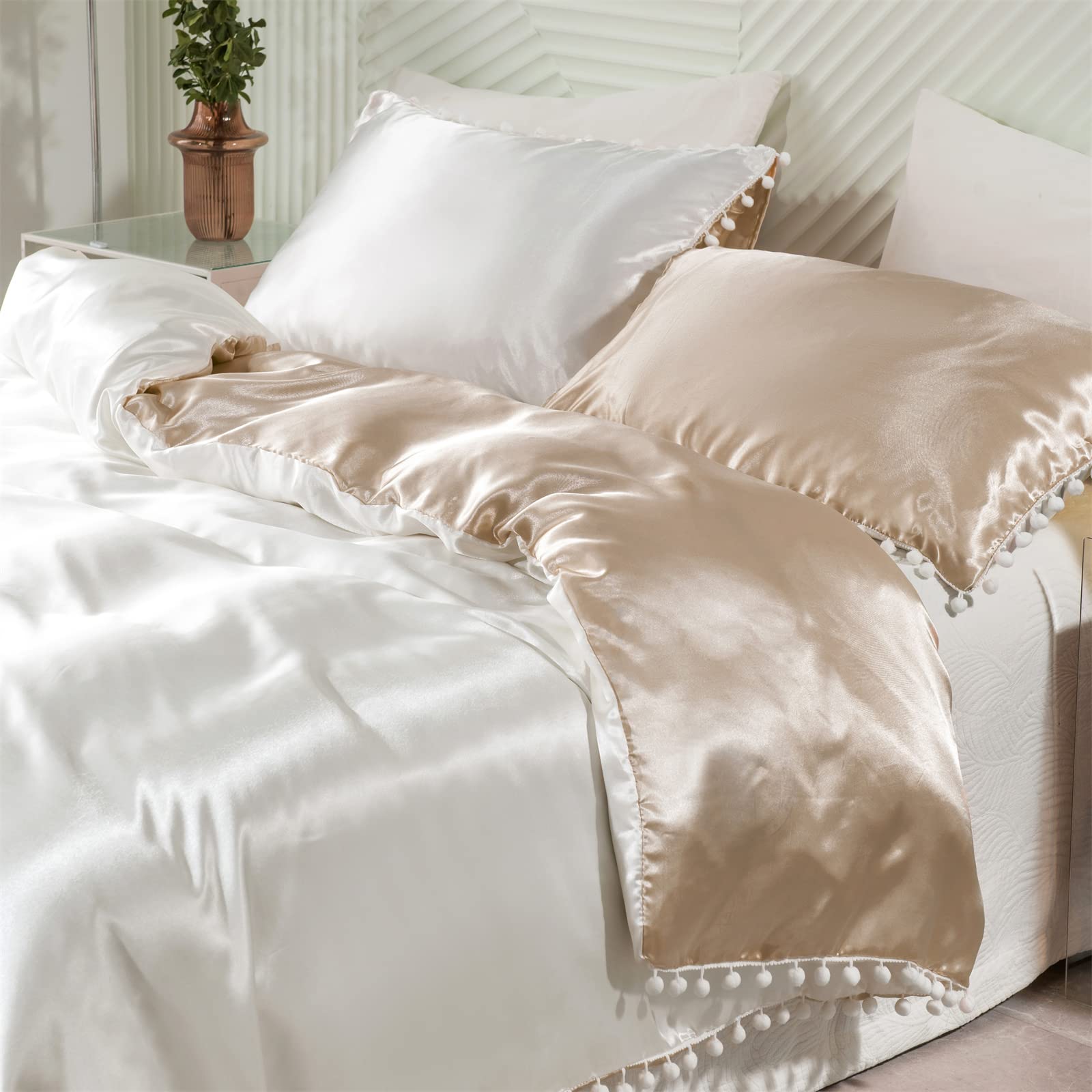 Herside Satin Duvet Cover Twin Size White Silk Like Satin Bedding Set Reversible White Light Khaki Pom Pom Fringed Silky Duvet Cover Boho Home Decor(White-Light Khaki, Twin)