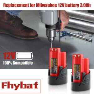 Fhybat 2 Packs 3.0Ah 12 Volt 48-11-2420 Battery Replacment for Milwaukee 12V Battery Lithium 48-11-2401 48-11-2402 48-11-2420 48-11-2440 48-11-2460(Red)