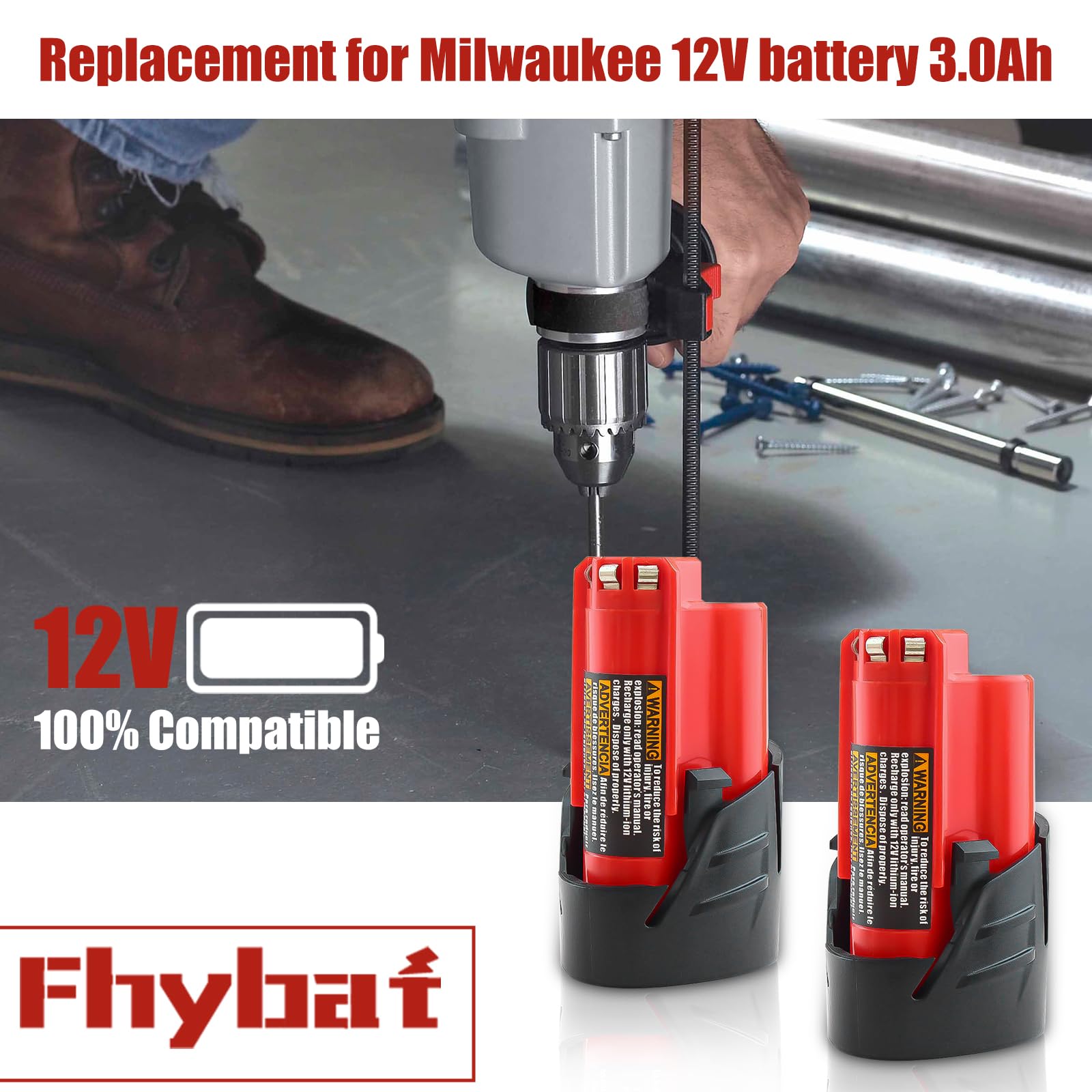 Fhybat 2 Packs 3.0Ah 12 Volt 48-11-2420 Battery Replacment for Milwaukee 12V Battery Lithium 48-11-2401 48-11-2402 48-11-2420 48-11-2440 48-11-2460(Red)