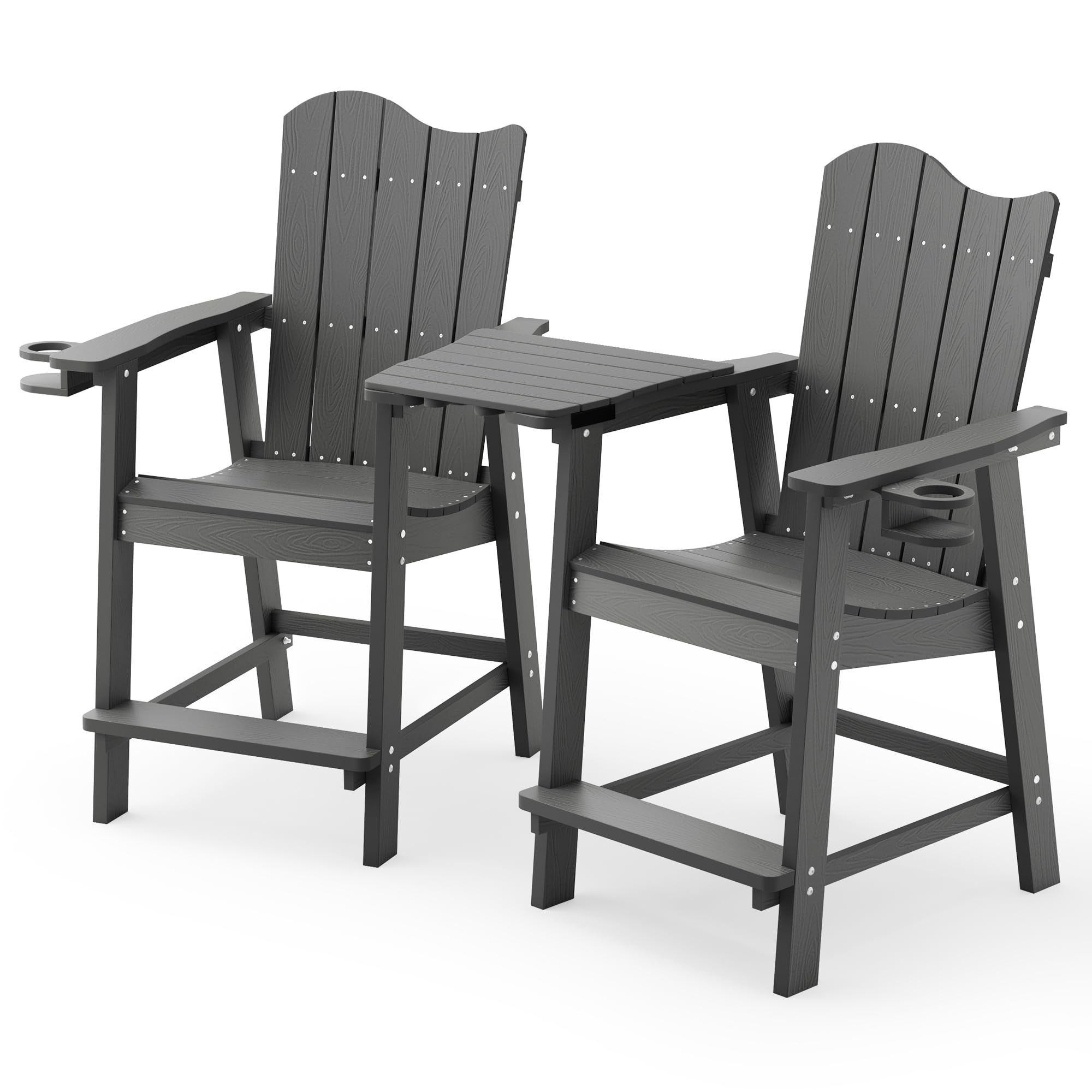 LUE BONA Tall Adirondack Chairs Set of 2 with Removable Table, HDPS Wave Design Poly Adirondack Bar Stools with Cup Holder, 25.6", Heavy Duty Outdoor Bar stools for Balcony, Deck, Backyard,Dark Grey