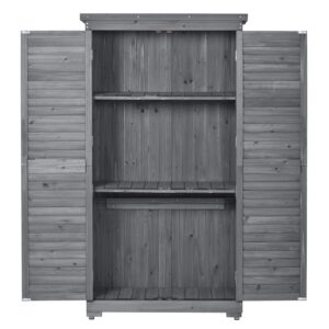 Outdoor Wooden Storage Shed with Floor, Wood Storage Cabinet Waterproof, Garden Tool Shed with 3-Tier Shelves, Outside Vertical Shed with Shutter Design, Fir Wood, Latch Lock (Gray)