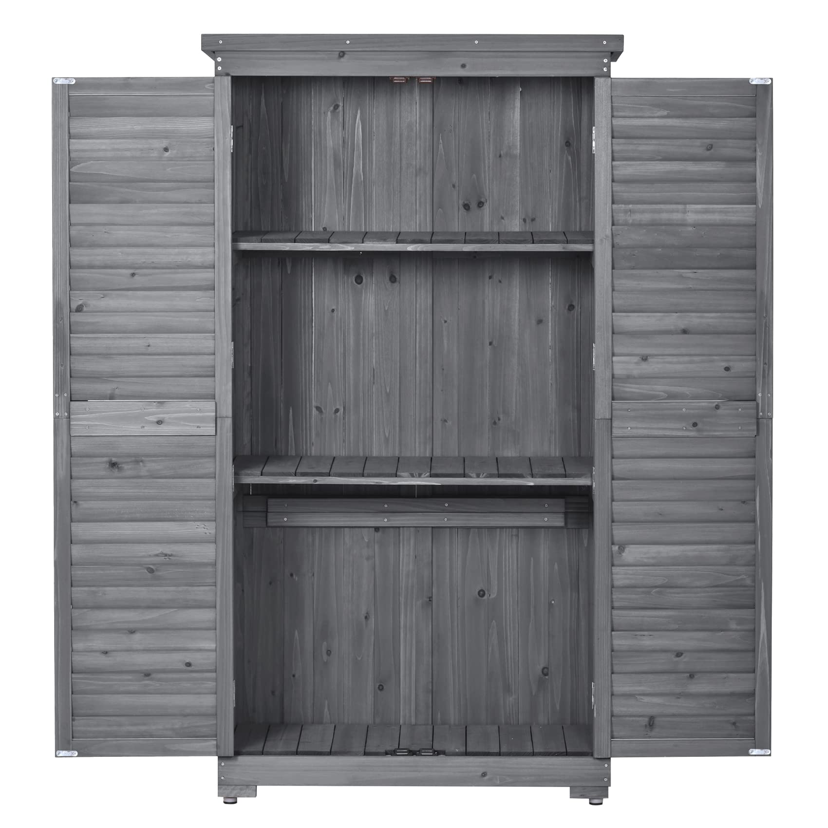 Outdoor Wooden Storage Shed with Floor, Wood Storage Cabinet Waterproof, Garden Tool Shed with 3-Tier Shelves, Outside Vertical Shed with Shutter Design, Fir Wood, Latch Lock (Gray)