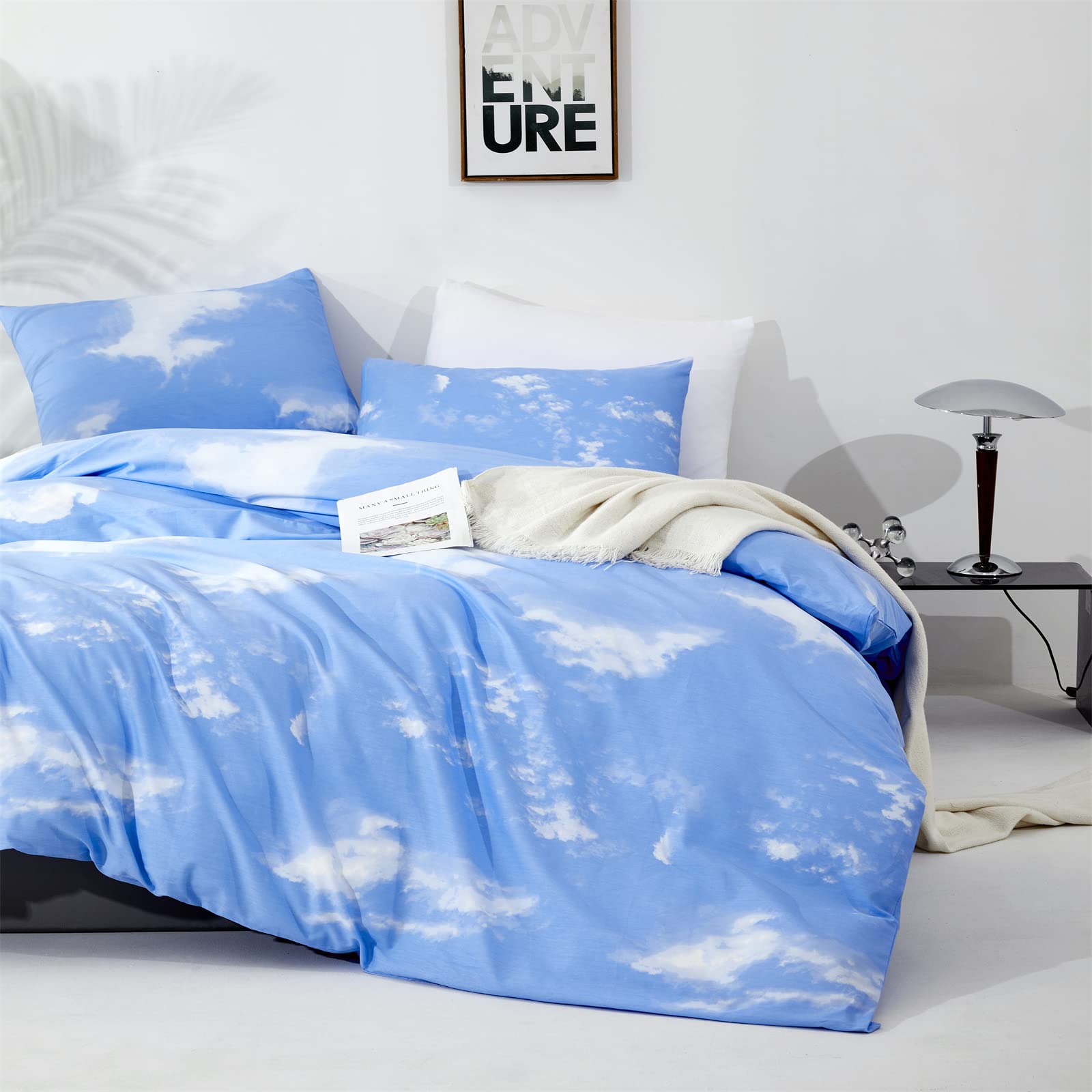 CLOTHKNOW Blue Cloud Full Comforter Set 3Pcs Blue White Bedding Comforter Sets Sky Comforter Soft Light Blue Full Size Comforter Sets