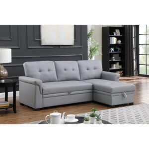 HomeStock Rustic Romance Synthetic Leather Upholstered Modern Sleeper Sectional Sofa with Storage Chaise, L-Shaped Living Room Sectional Couch with Tufting Gray