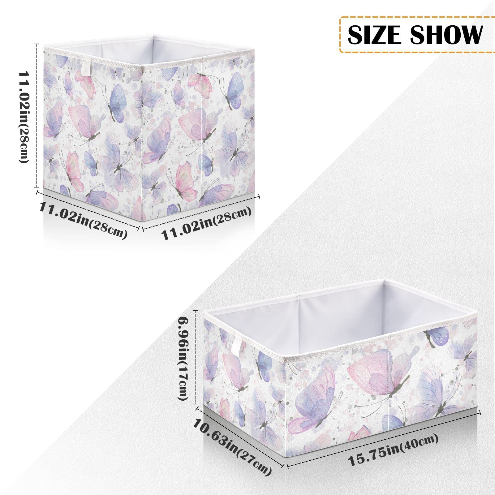 Pink Butterfly Purple Storage Bins Cubes Storage Baskets Fabric Foldable Collapsible Decorative Storage Bag with Handles for Shelf Closet Bedroom Home Gift 11" x 11" x 11"