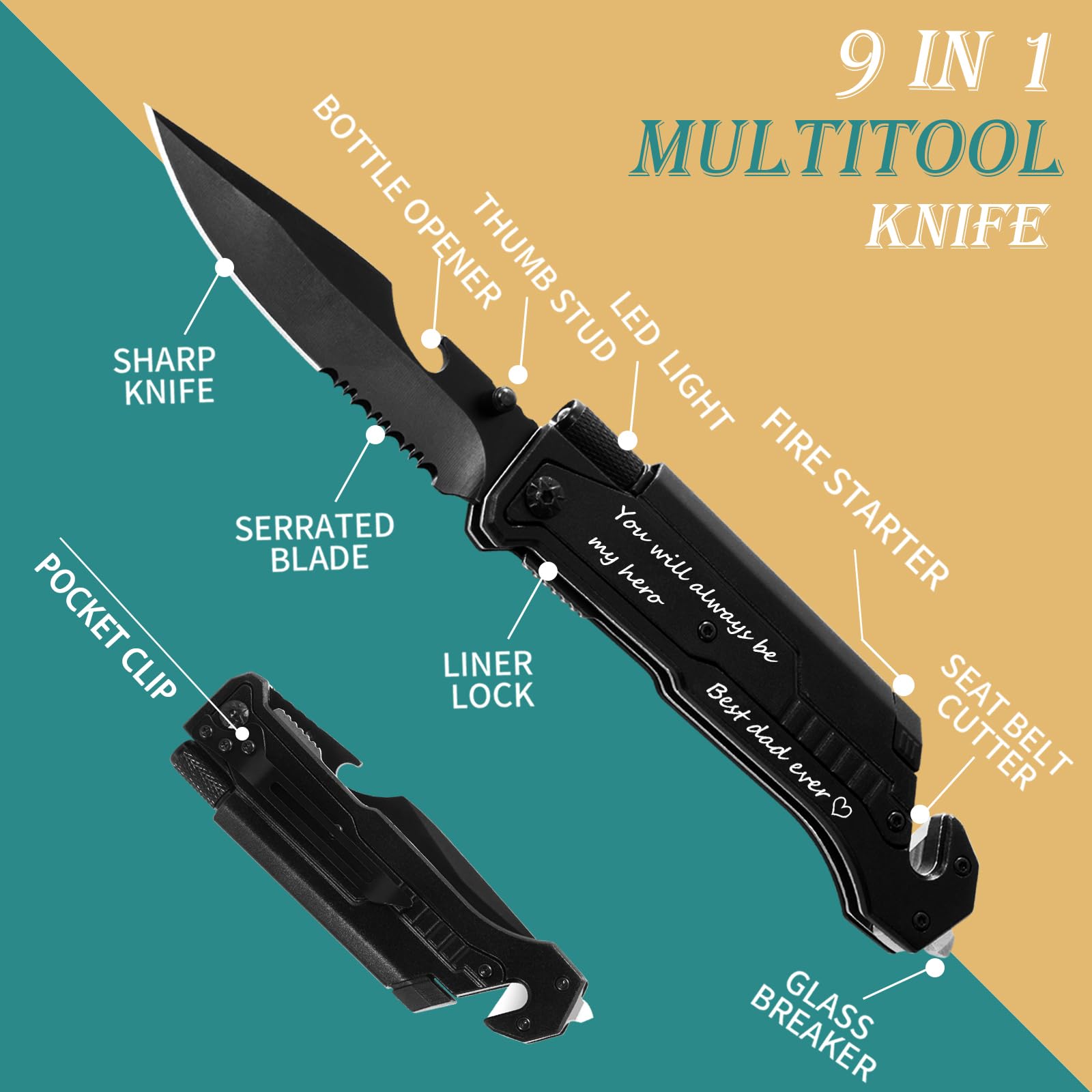 Gifts for Dad Men-Christmas Stocking Stuffers for Dad-Engraved Pocket Knife, 7 in 1 Multitool Folding Knives with LED Light, Unique Camping Hunting Presents for Dad