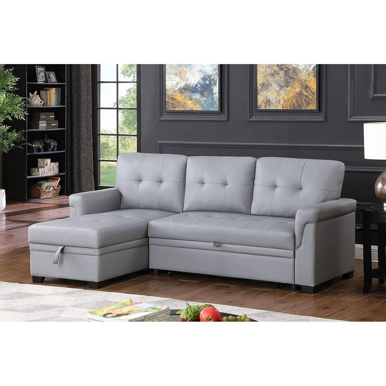 HomeStock Rustic Romance Synthetic Leather Upholstered Modern Sleeper Sectional Sofa with Storage Chaise, L-Shaped Living Room Sectional Couch with Tufting Gray