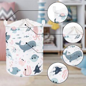 Clastyle 45L Marine Animals Bubbles Kid Laundry Basket with Lid Foldable Sea Shark Mermaid Dirty Clothes Hamper Round Toy Clothes Pool Beach Towel Basket